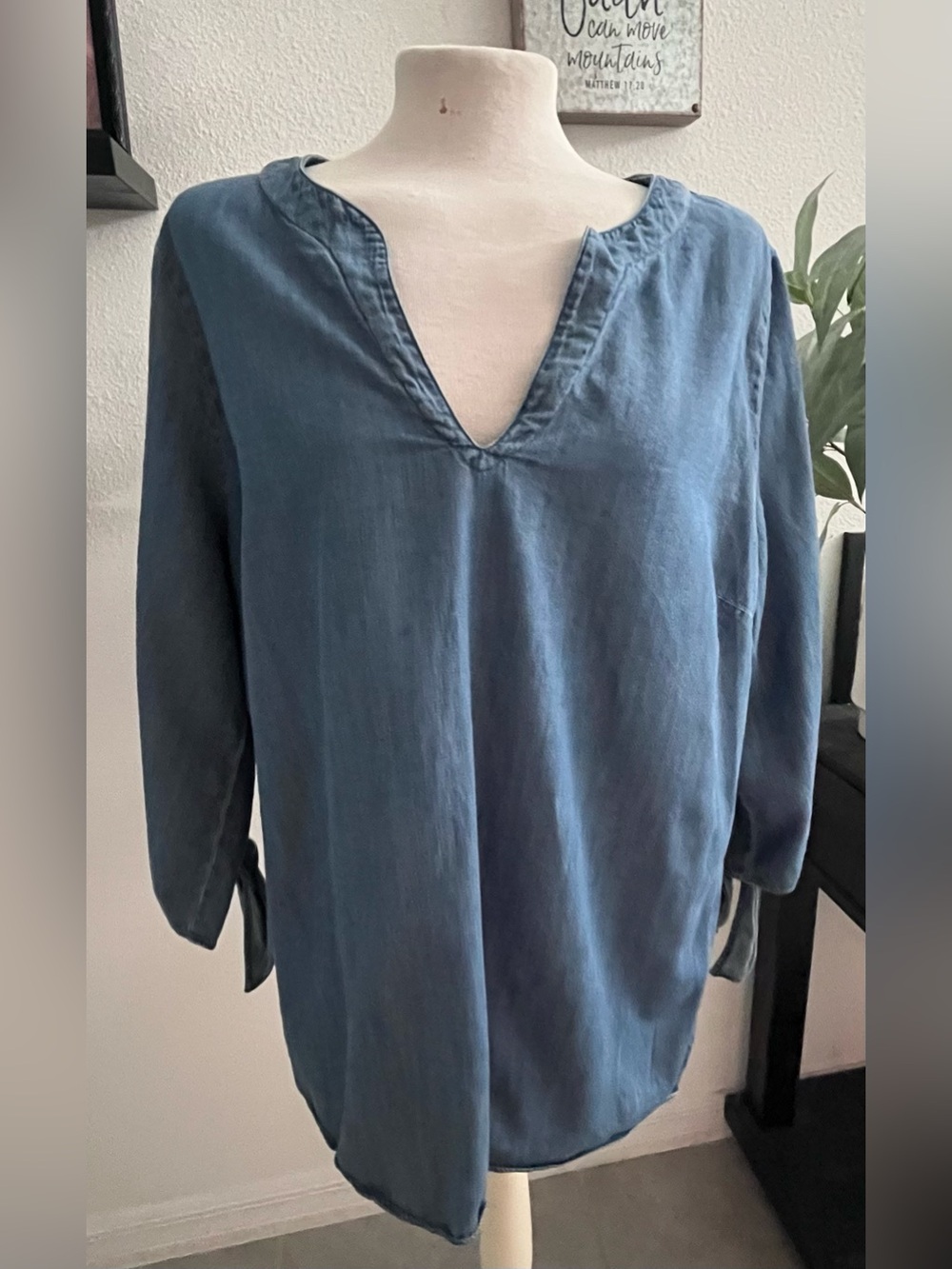 Michael Kors Blue Denim Chambray Split Neck Tie Sleeve Blouse